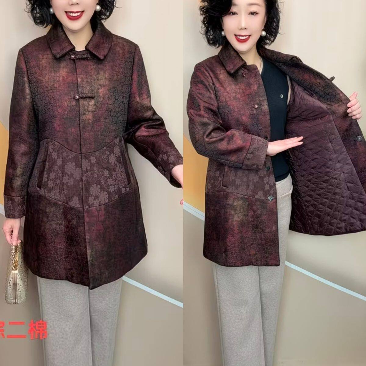 中老年女装翻领棉服拼接