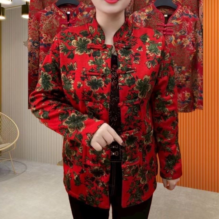 中国风盘扣立领碎花开衫女中老年妈妈装加绒保暖洋气显瘦外套