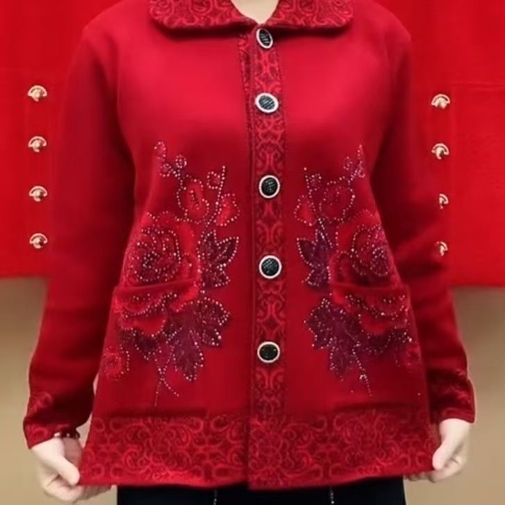 本命年红色刺绣开衫外套女中老年高档毛衣外套2025秋季新款