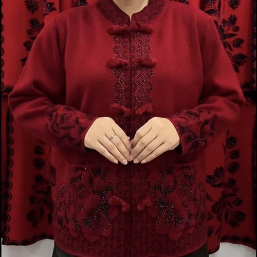 中式风红色刺绣针织衫女