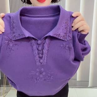 秋冬新款花开纯色翻领针织衫宽松打底毛衣上衣长袖洋派中老年妈妈