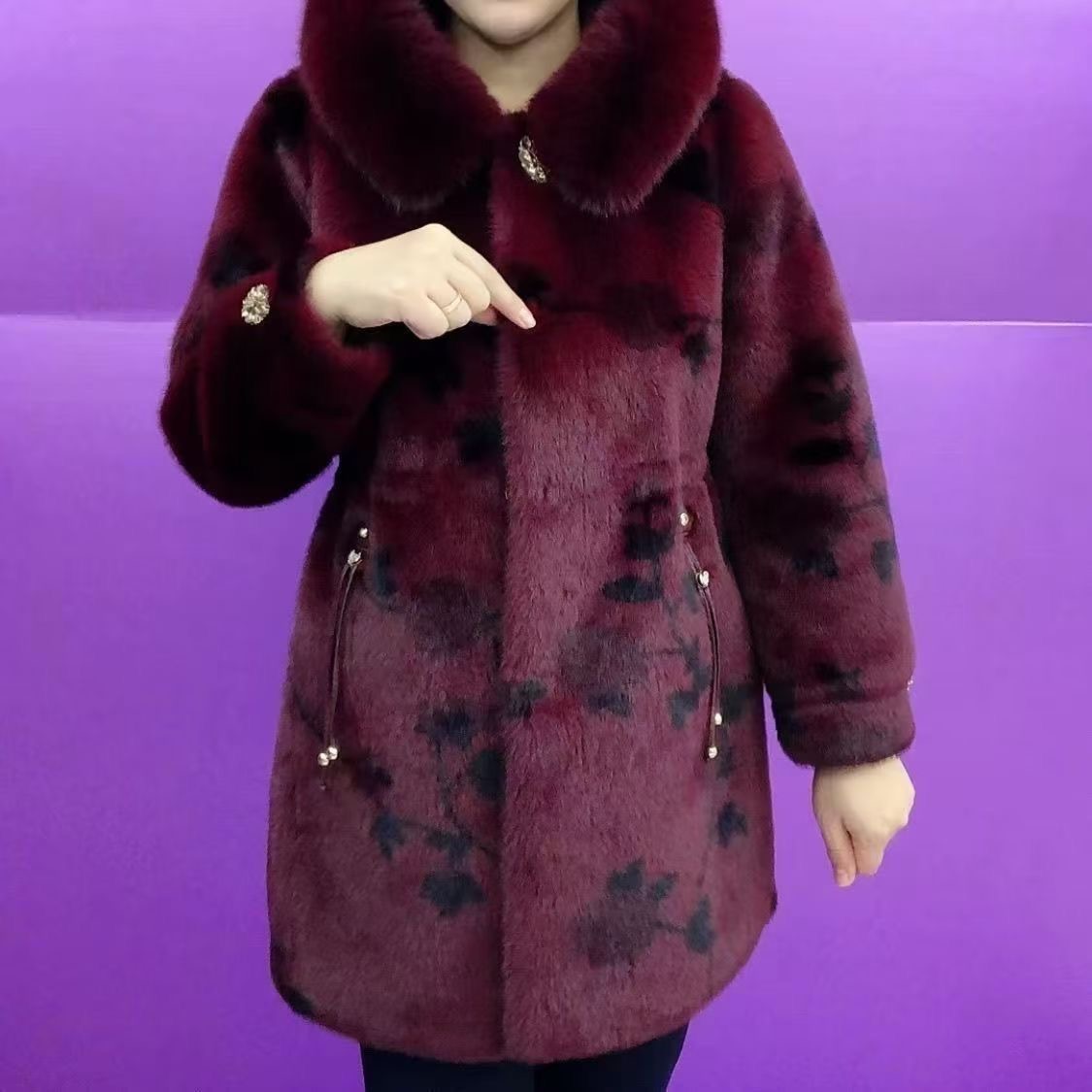 2025新款高街风仿皮毛一体连帽大衣女中长款加厚保暖外套