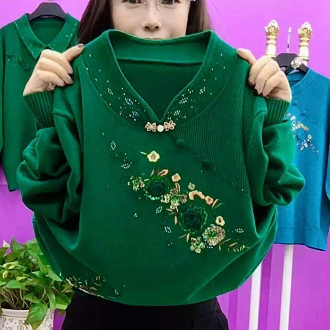 妈妈毛衣上衣旗袍领一体中老年女装针织衫保暖加厚绣花打底衫百搭,女装/女士精品,常规大码外套,淘宝优惠券,粉丝福利购,淘宝优惠卷