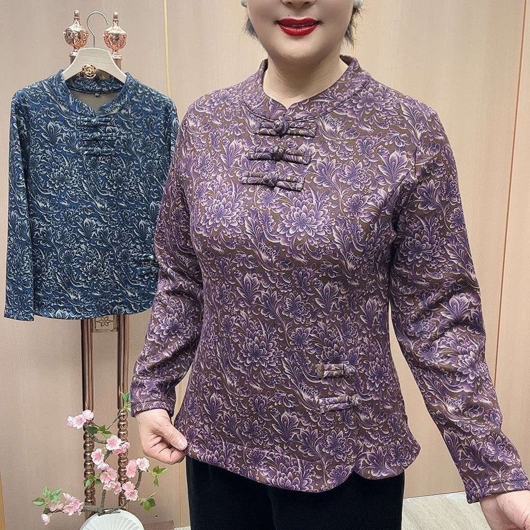 中式复古立领盘扣碎花上衣女中老年妈妈装国风小衫