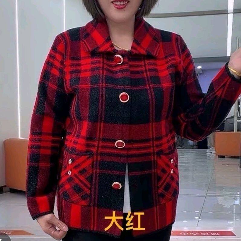 秋季短款格子外套中老年
