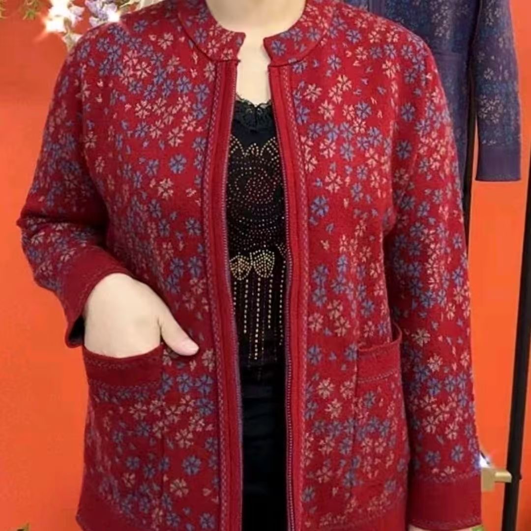 中老年妈妈装红色拉链针织开衫女大码百搭开衫外套