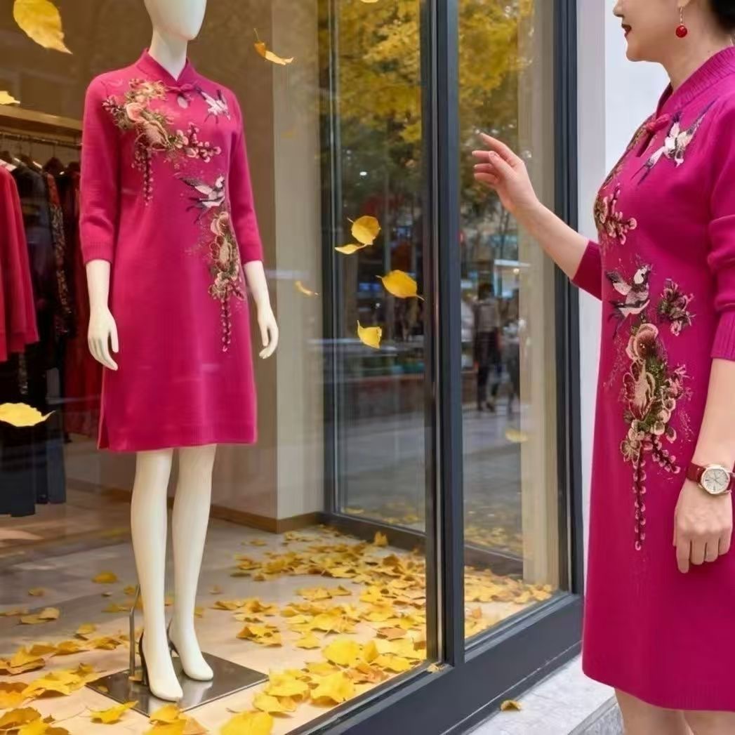 新中式刺绣旗袍裙女长袖立领修身显瘦妈妈装高档连衣裙