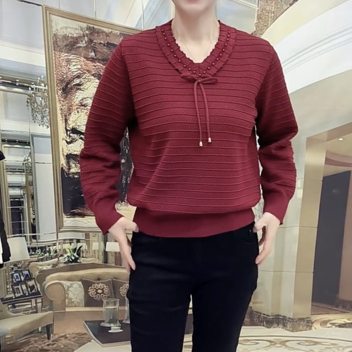 时尚洋气V领蝴蝶结针织衫女宽松显瘦减龄百搭上衣