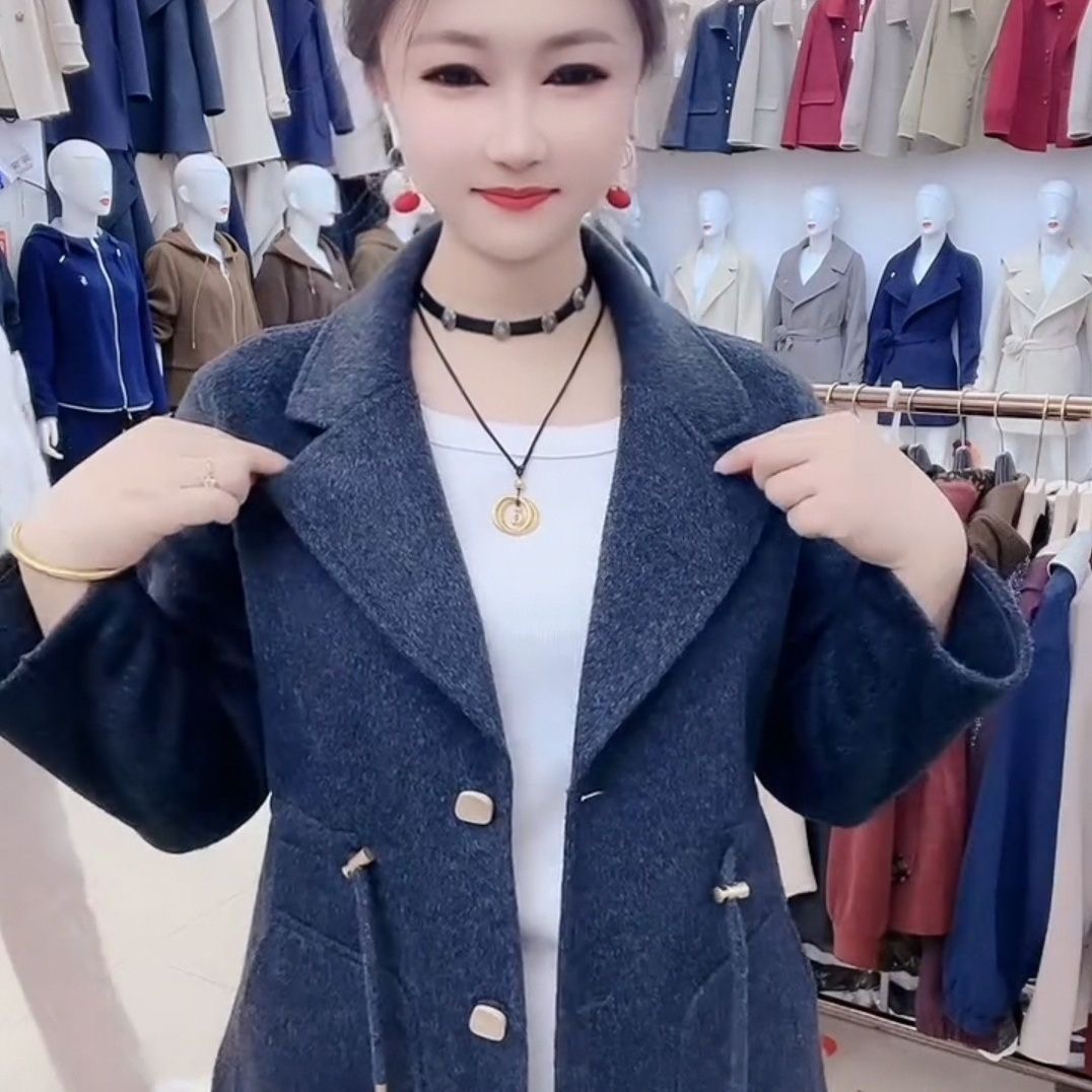 秋冬新款时尚毛呢西服领抽腰短款外套休闲百搭减龄女士上衣
