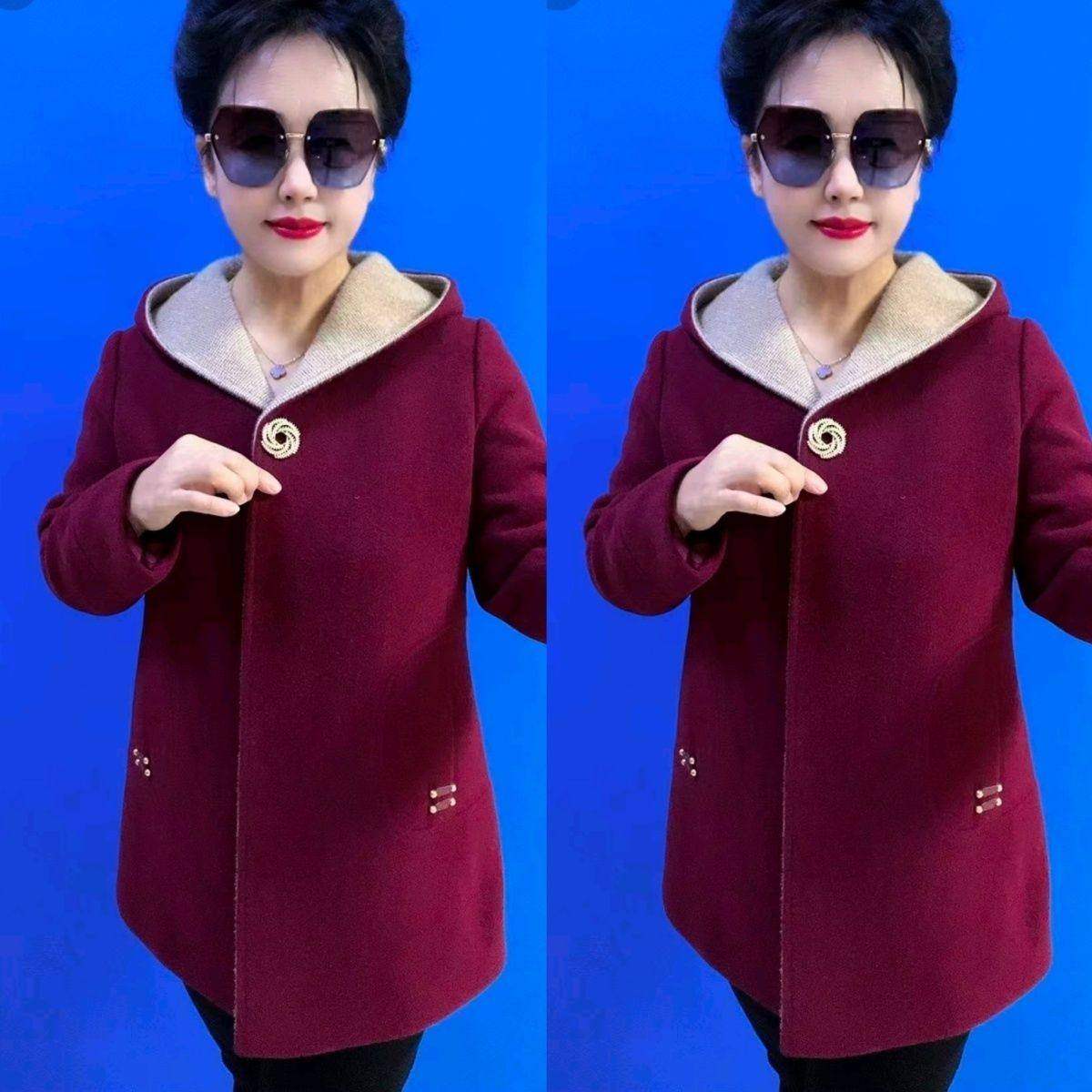 妈妈时尚女装连帽大衣中老年秋冬新款洋气中长款羊毛呢外套上衣,女装/女士精品,常规大码外套,淘宝优惠券,粉丝福利购,淘宝优惠卷