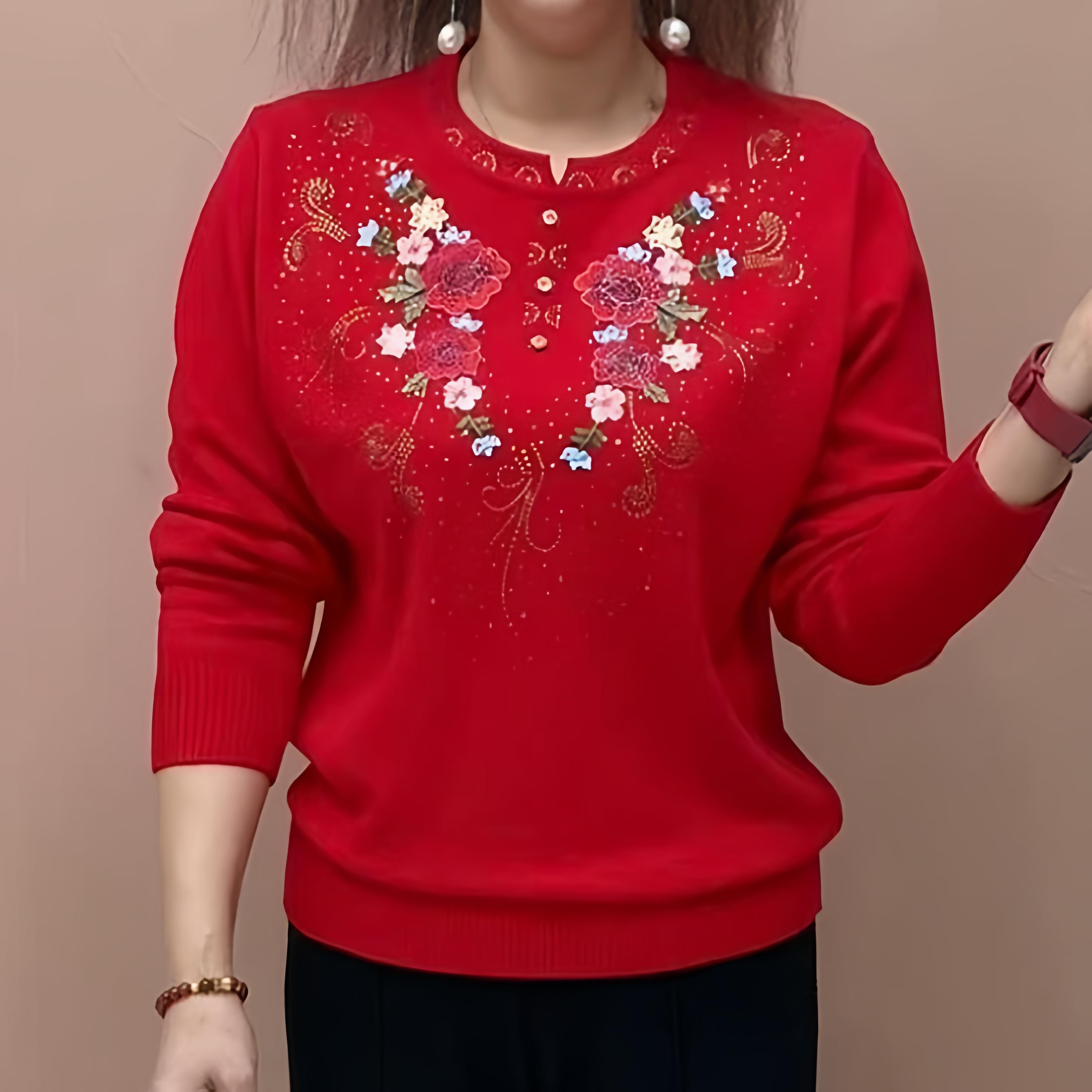 妈妈装红色绣花针织毛衣女中老年洋气打底衫