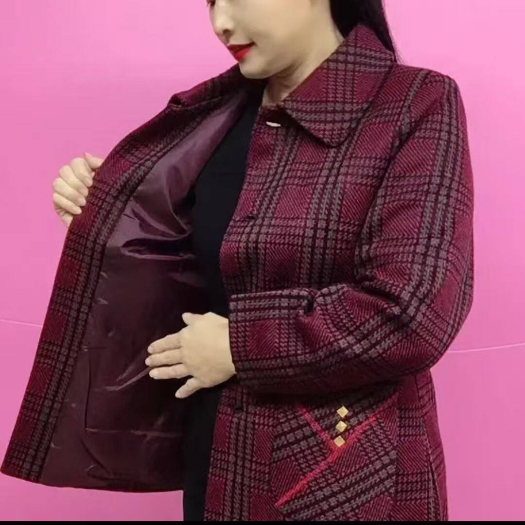 加绒奶奶格子60外套春秋