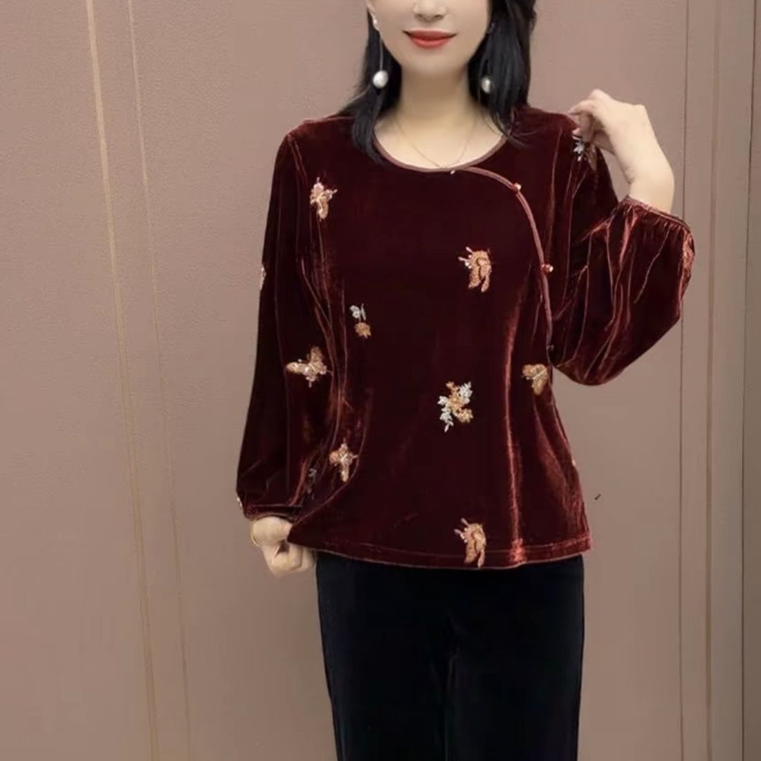 妈妈国风金丝绒打底新款