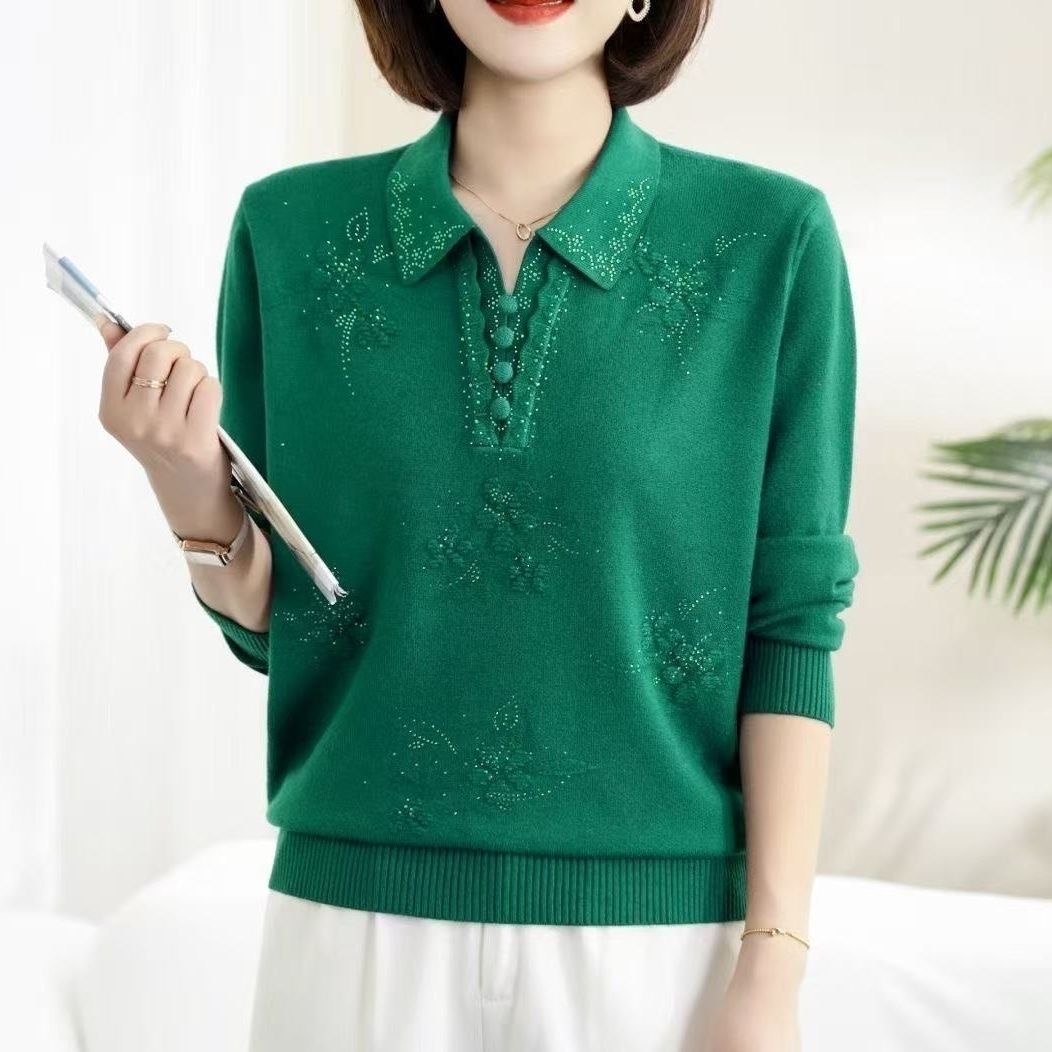 2025新款洋气翻领绿色毛衣女针织打底衫时尚简约显瘦上衣