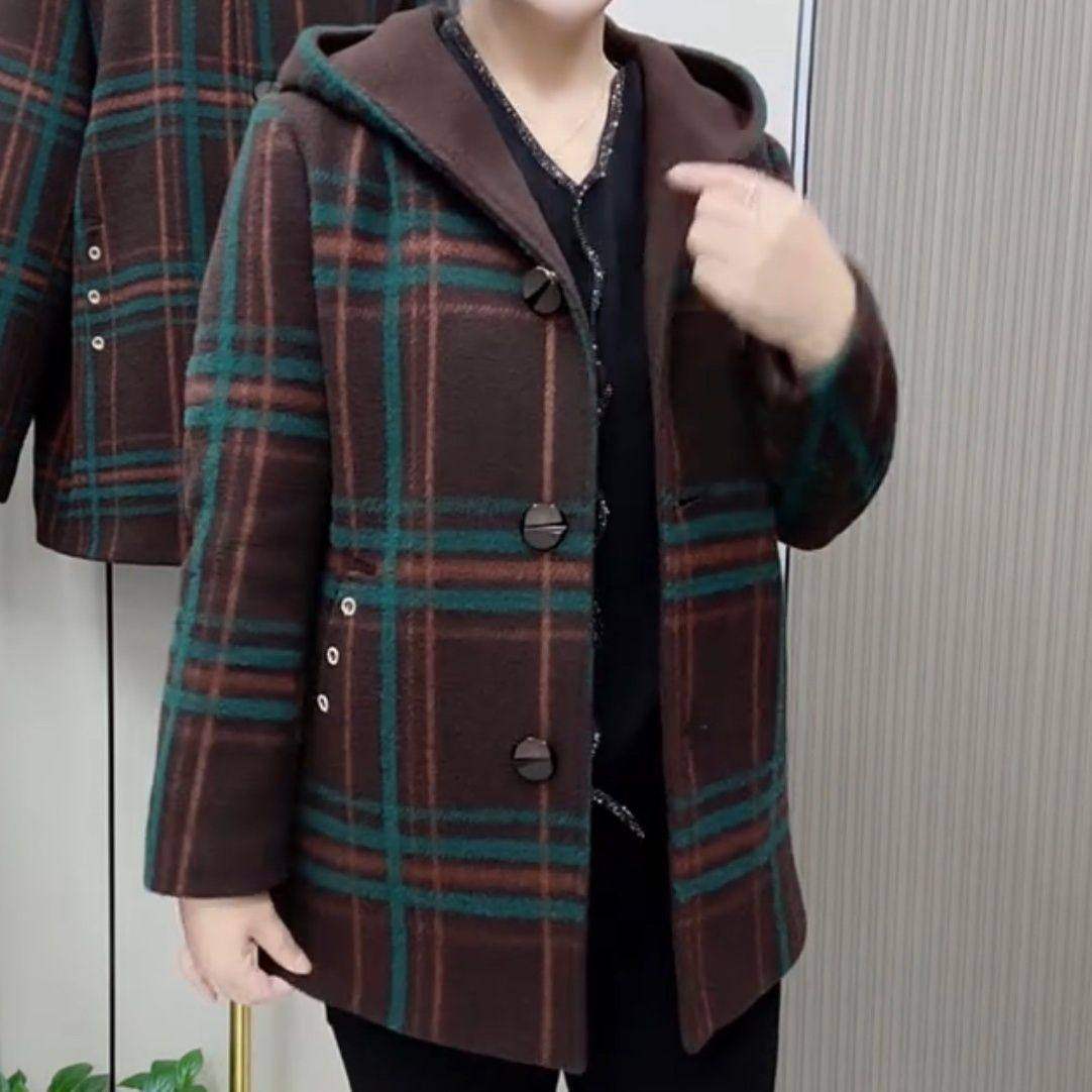 高档新款时尚加厚中老年连帽格子外套上衣宽松妈妈24秋冬洋气大衣,女装/女士精品,常规大码外套,淘宝优惠券,粉丝福利购,淘宝优惠卷