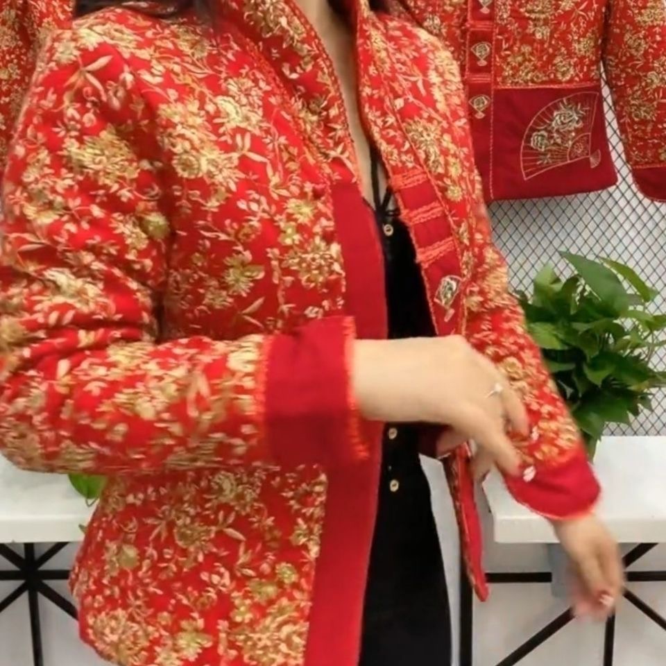 中式唐装外套女红色金花刺绣盘扣长袖大码女装复古上衣