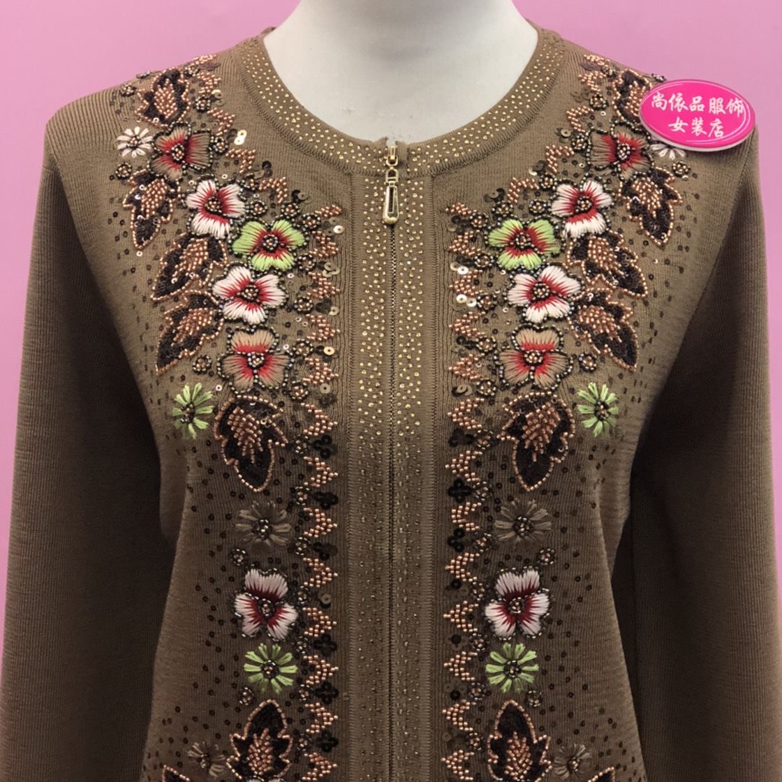 重工刺绣钉珠拉链开衫女大码妈妈装洋气百搭显瘦外套