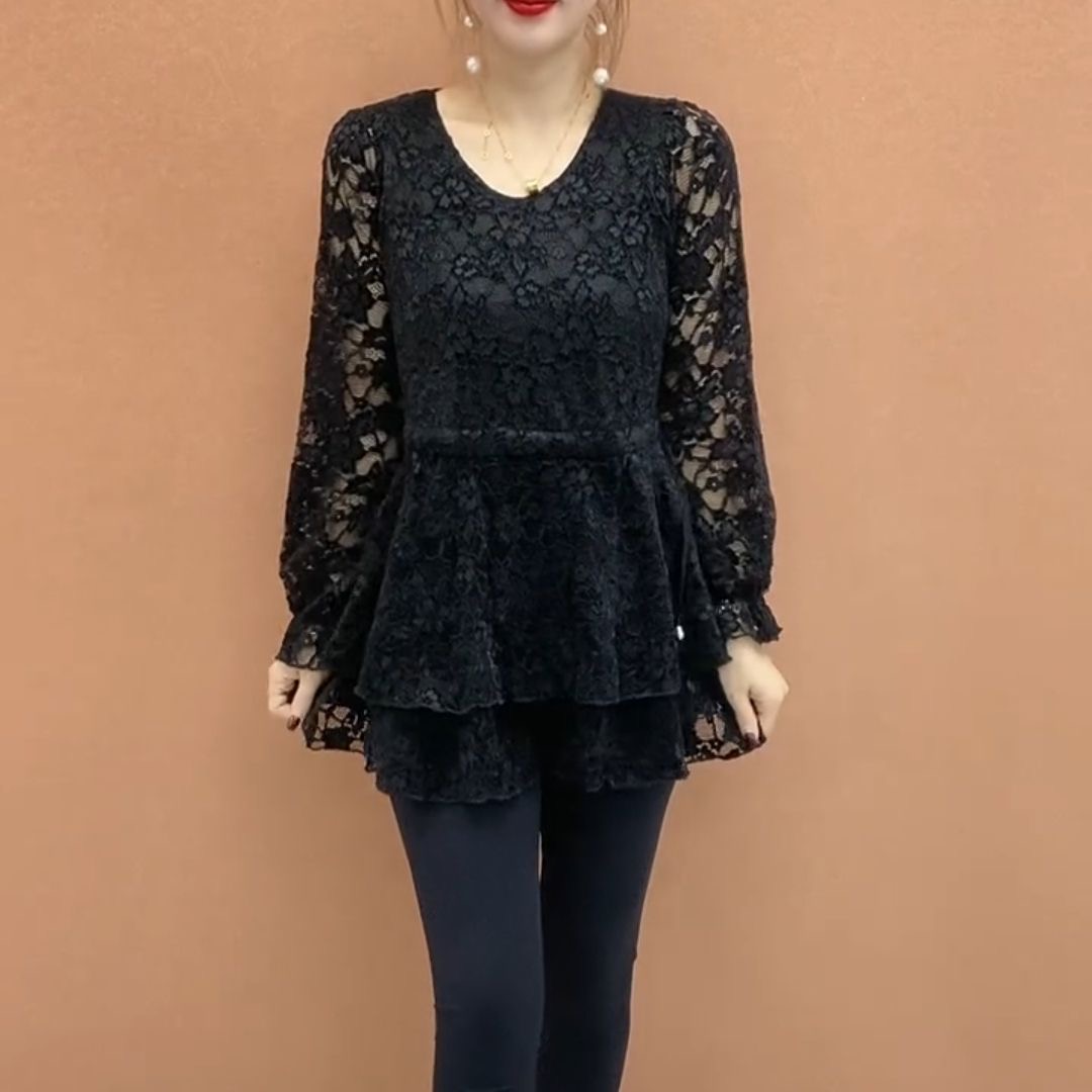 黑色蕾丝衫女长袖V领抽绳