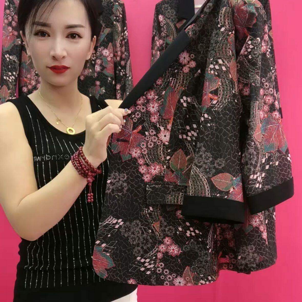 时尚网红百搭印花七分翻领西装西服薄款妈妈气质显瘦女士正装外套