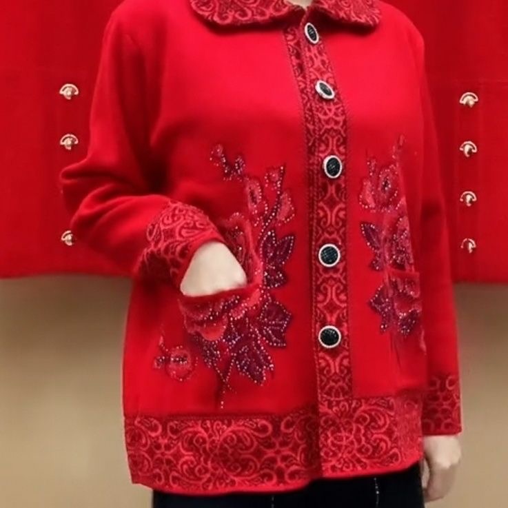 红色刺绣花卉开衫外套女老年人妈妈装翻领大码高档上衣