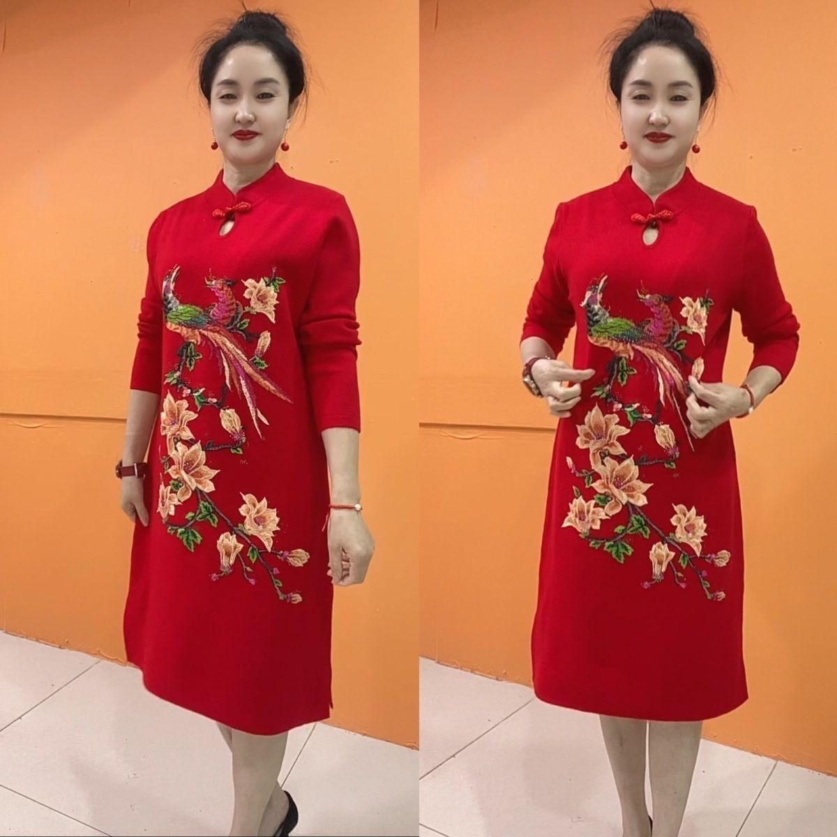 中国风红色刺绣连衣裙女立领盘扣显瘦妈妈装新年战袍