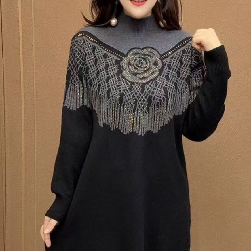 蕾丝流苏针织衫女中长款