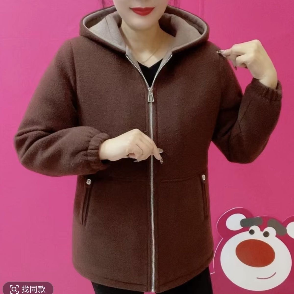 加绒加厚连帽外套女中老