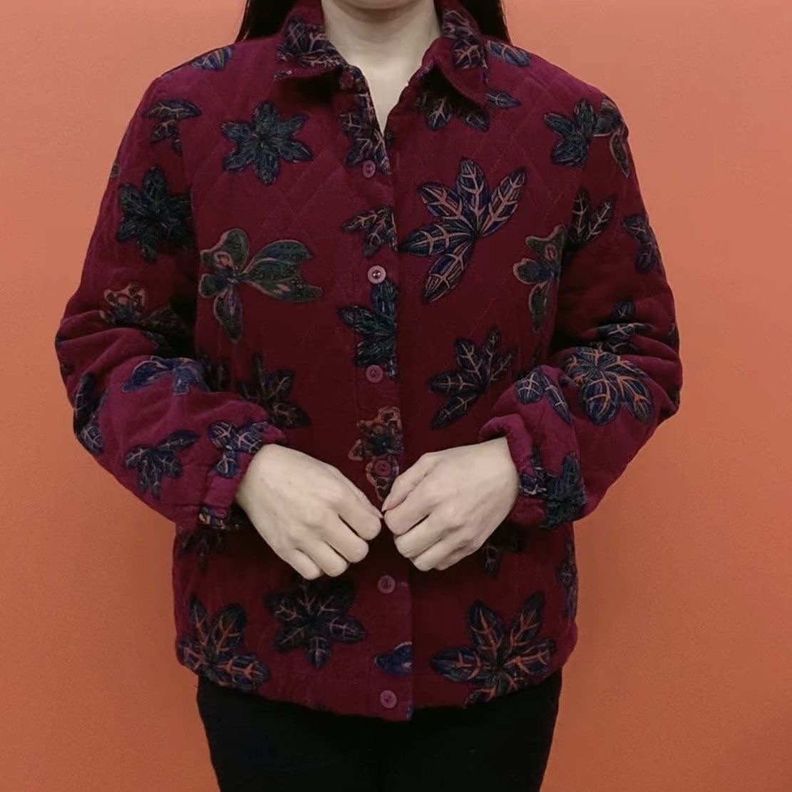 中老年秋装新款灯芯绒印花衬衫女妈妈休闲长袖翻领纯棉短外套