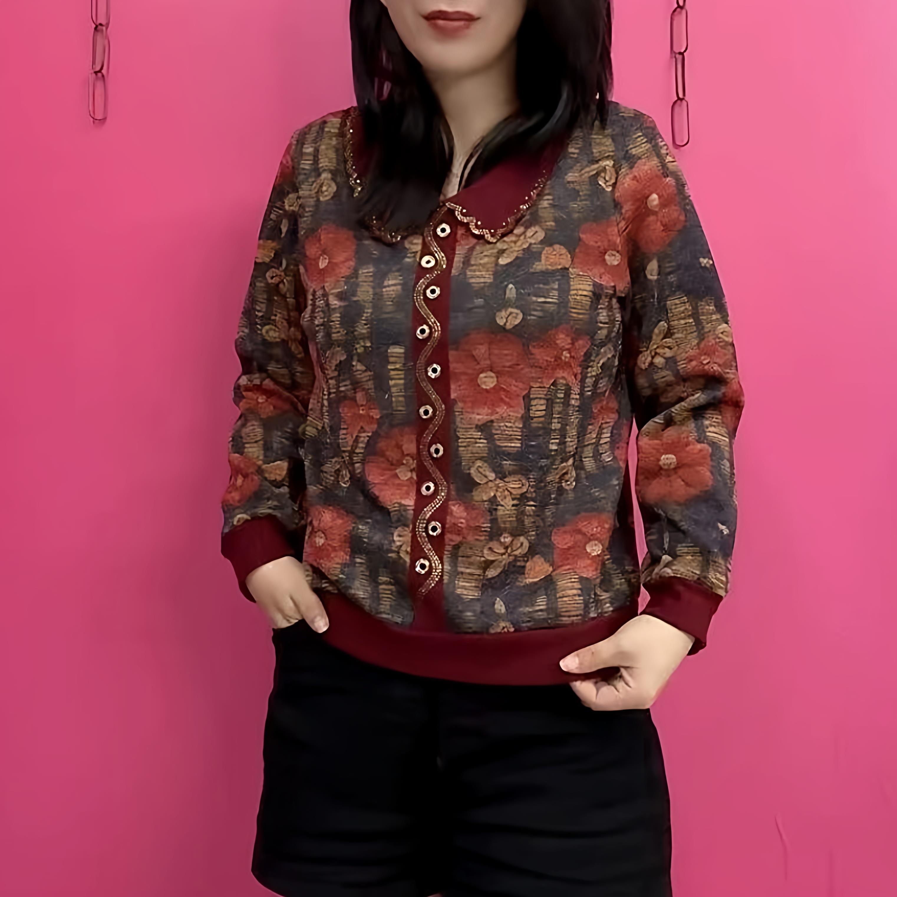 复古印花娃娃领冬季加绒女洋气减龄排扣夹克上衣