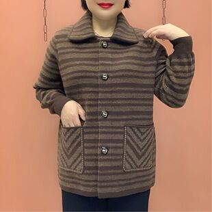 春秋条纹中老年短外套妈妈装翻领针织开衫女百搭显瘦外套上衣保暖