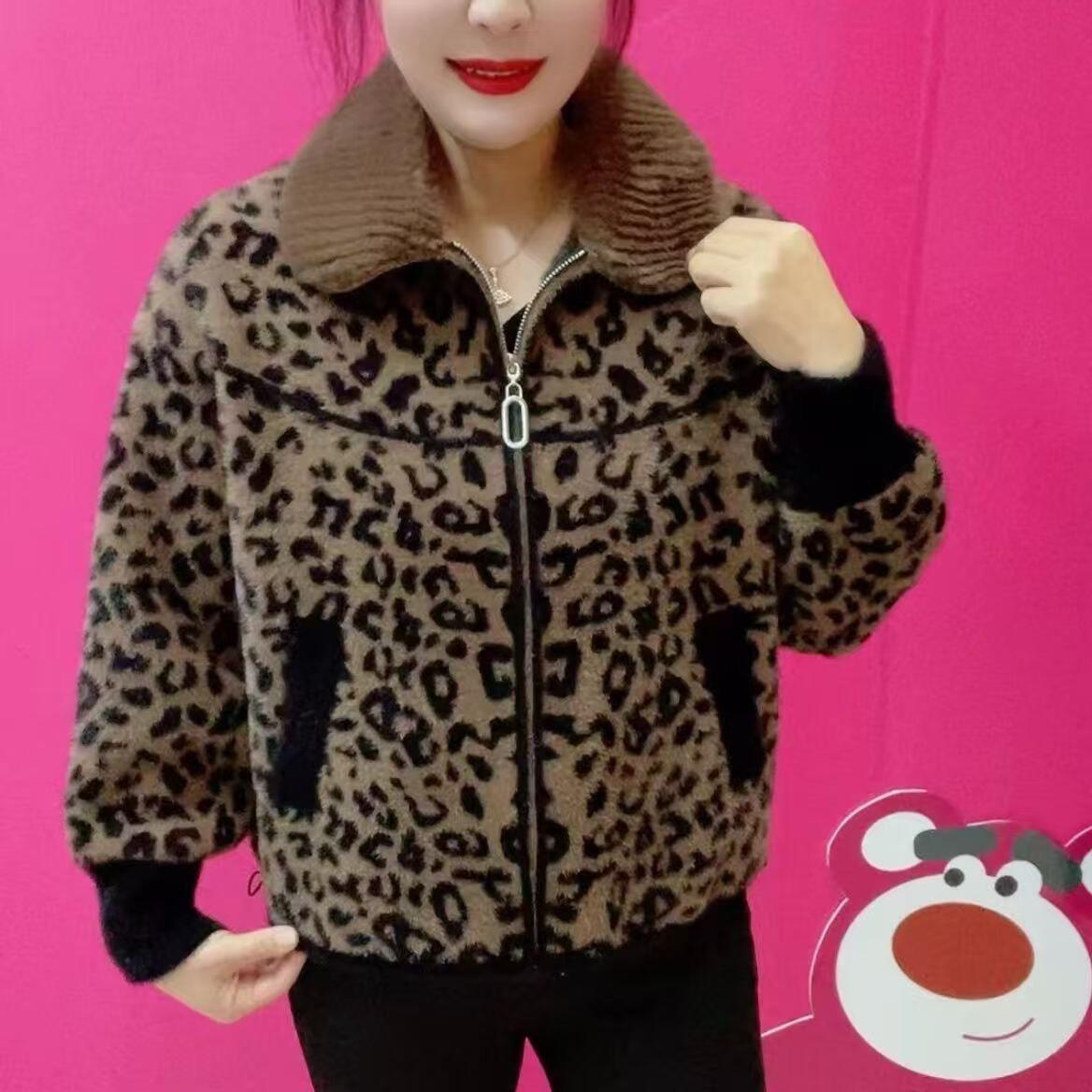 豹纹绒感外套女2025冬季