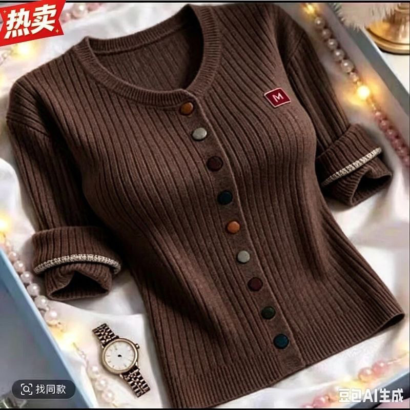 春秋季新款打底衫彩色纽
