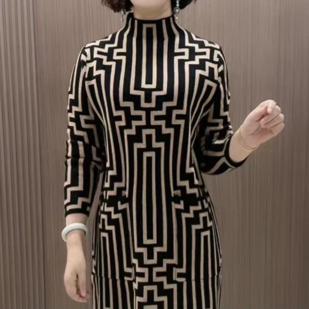 几何条纹立领连衣裙女长