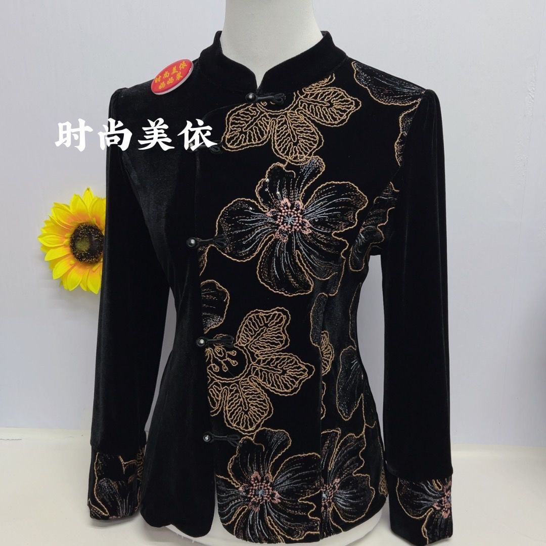 轻奢国风丝绒刺绣外套女立领盘扣花卉上衣气质妈妈装