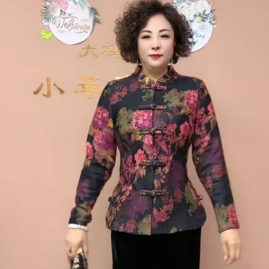 秋冬新款中老年妈妈彩花单件开衫复古款上衣盘扣外套