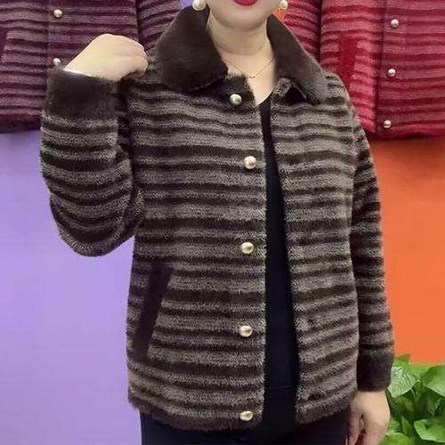 高端妈妈装翻领条纹开衫