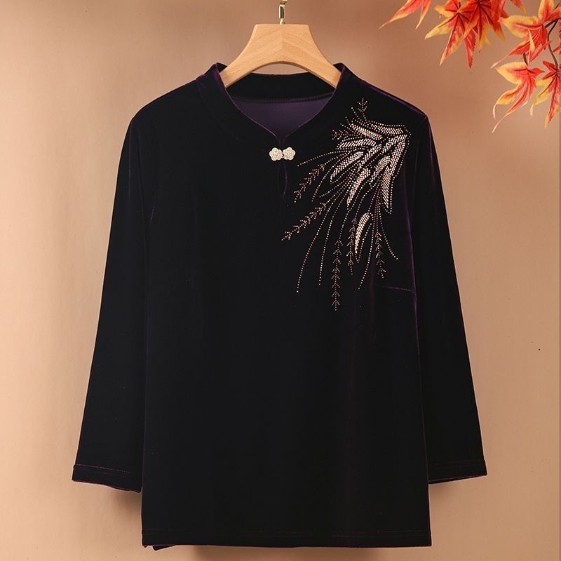 秋冬重工烫钻丝绒气质妈妈装女中老年人洋气打底衫百搭上衣