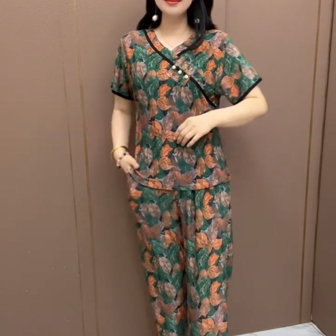 夏季时尚新款中老年两件套上衣大码裤子短袖休闲女装宽松妈妈套装