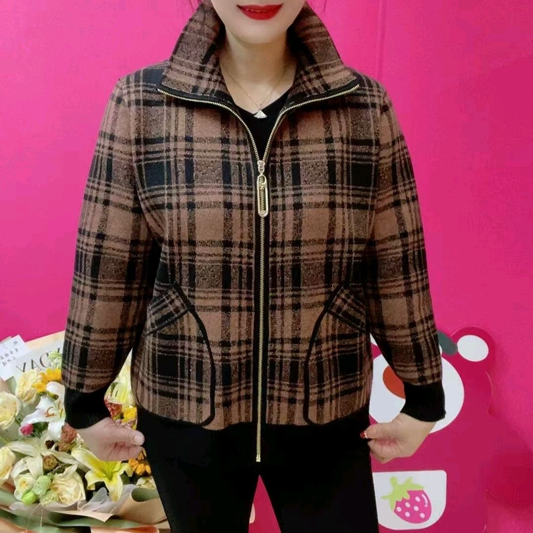 秋季新款妈妈格子拉链针