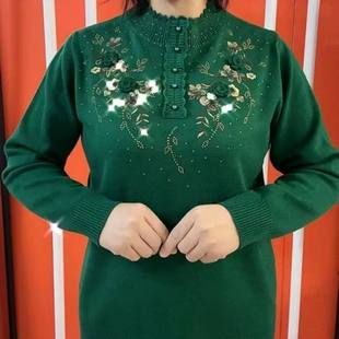 新品爆款烫钻立体刺绣花边领针织衫遮肉显瘦毛衣年轻气质妈妈装
