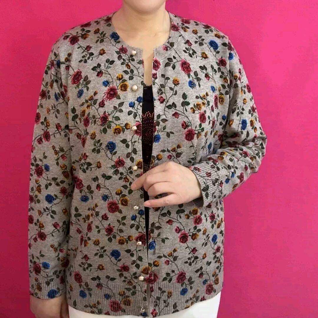 新款银杏叶妈妈秋冬开衫宽松圆领针织外套时尚毛衣印花洋气中老年