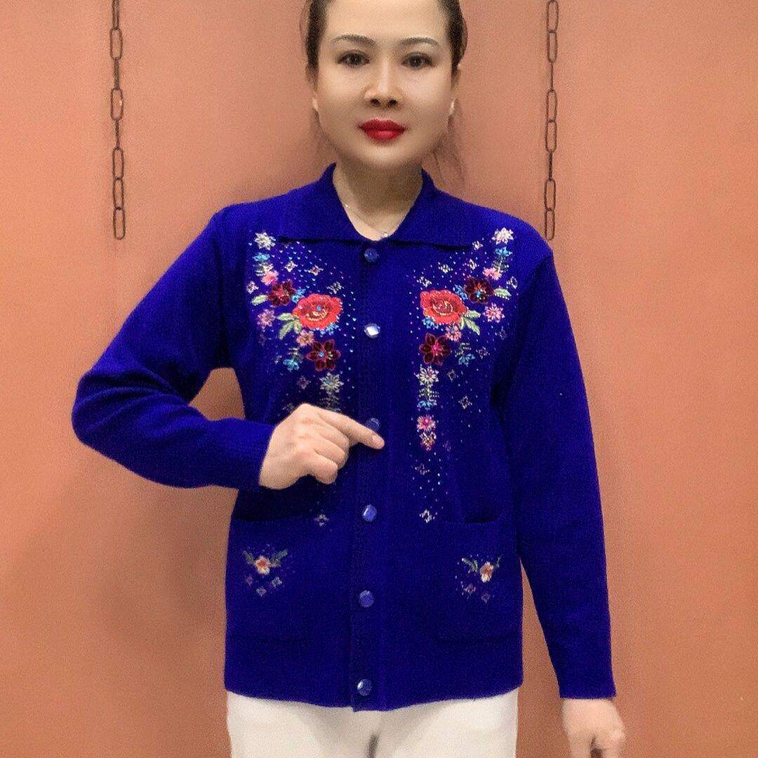 春秋季新款针织开衫毛衣外套重工刺绣花短款方领宽松妈妈奶奶老年