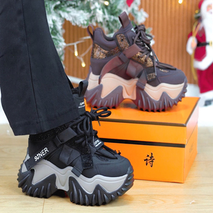 9cm水钻厚底老爹鞋 棉 女2025秋冬小个子百搭增高休闲运动鞋 单