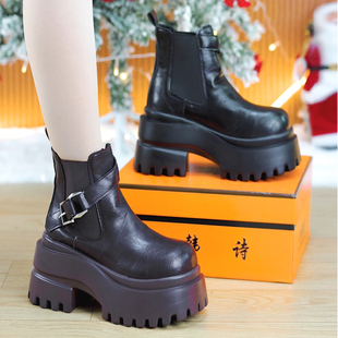9cm皮带扣粗跟厚底马丁靴女2025冬新款 加绒保暖英伦风切尔西短靴