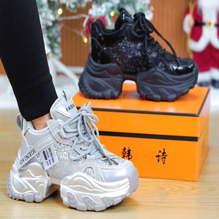 单 新款 棉 女潮2025秋季 百搭休闲运动鞋 7cm水钻厚底亮片老爹鞋