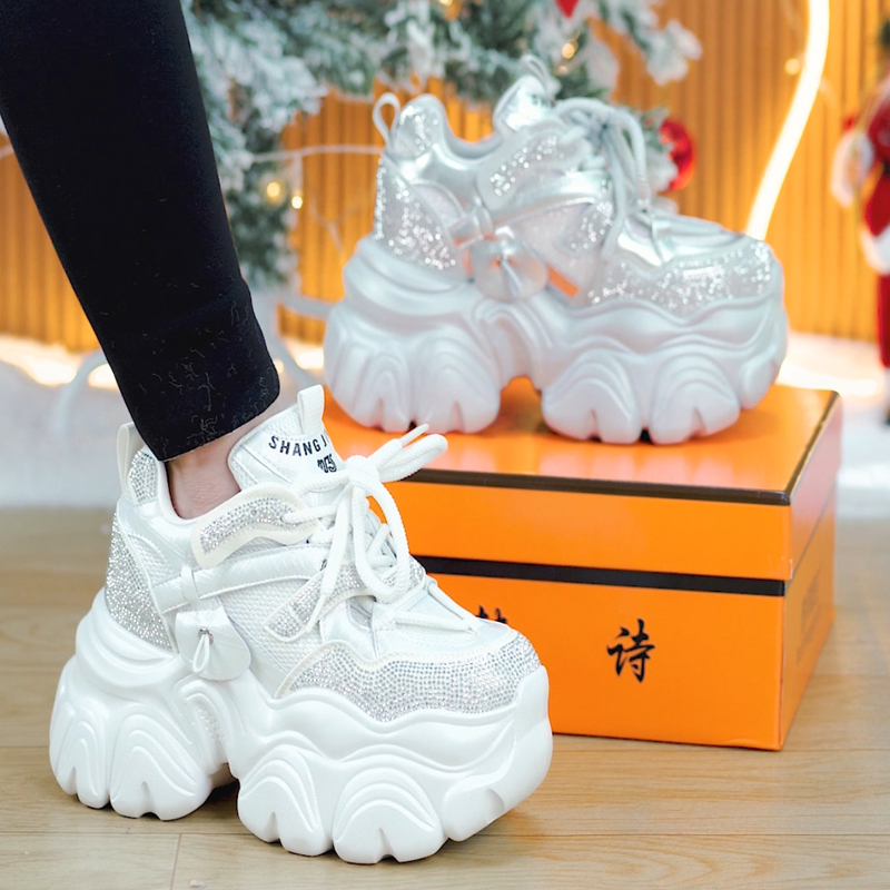 小个子水钻厚底老爹鞋女