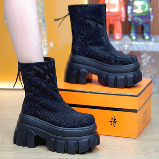 9cm重工满钻厚底马丁靴女2025秋冬小个子百搭增高休闲短靴 棉