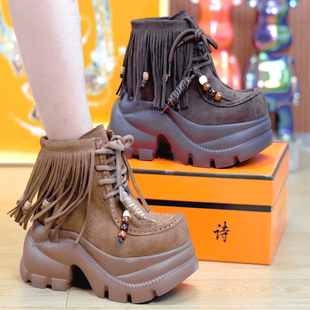 9cm英伦风流苏厚底马丁靴女2025秋冬款 棉 百搭增高休闲短靴 单