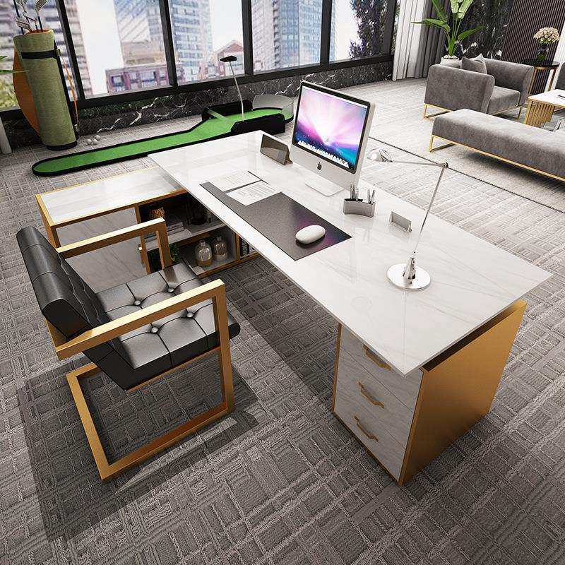 北欧轻奢大理石总裁办公桌家用书房带柜子工作台单人台式电脑桌椅