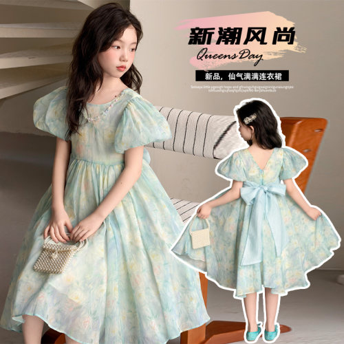 女童法式温柔风泡泡袖碎花连衣裙